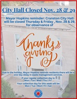 Mayor Hopkins Reminder: Cranston City Hall Closed Nov. 28 & 29 for Thanksgiving Holiday